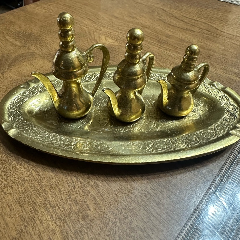 Vintage Solid Brass Miniature Tea Pot Set with Tray, Home Decor, Brass Decor - Picture 1 of 6